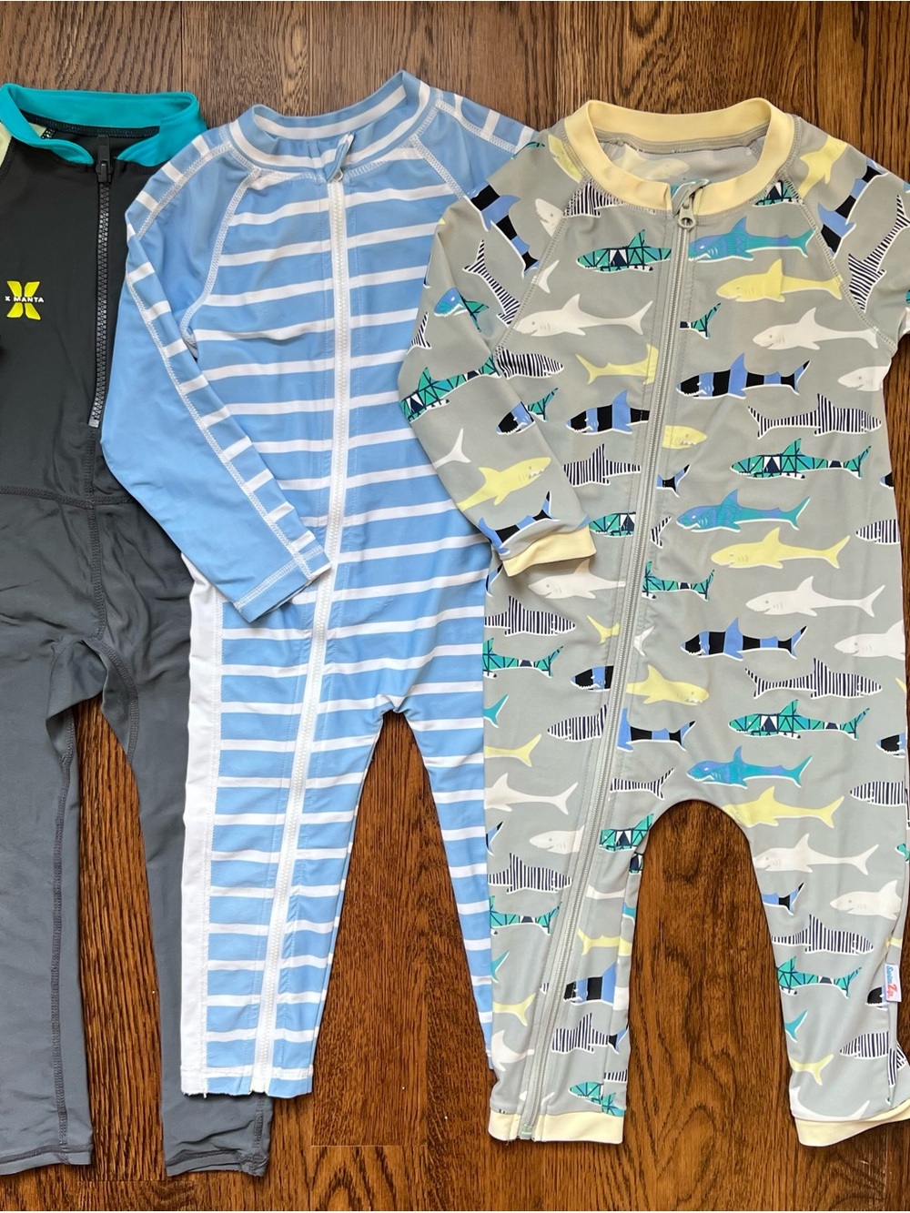 3 Full Body Rashguards - 1 SwimZip Sharks, 1 blue stripes, 1 grey/blue/yellow